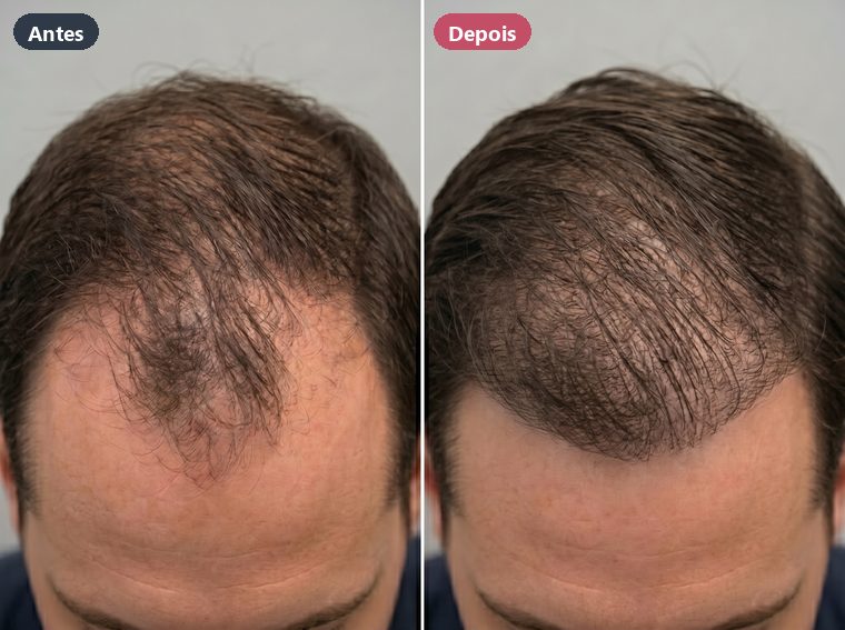 Topo da cabeça de um homem, antes e depois: o cabelo mais preenchido e as entradas parecidas