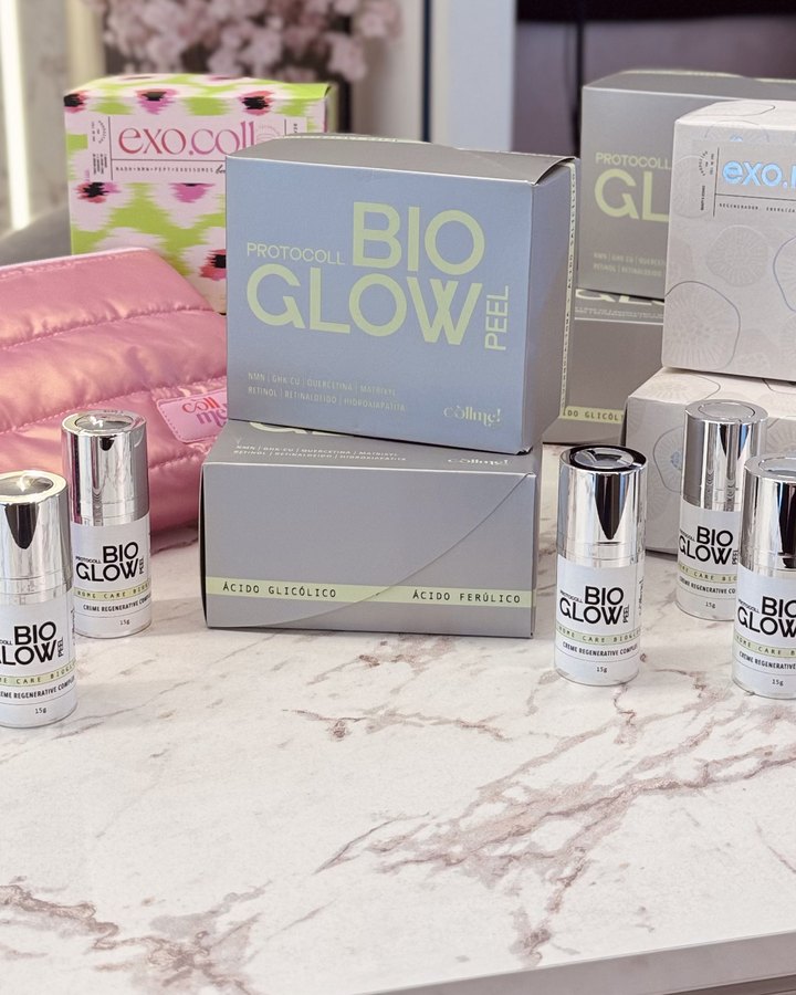 Produtos do Bio.Glow Peel sobre a bancada do consultório