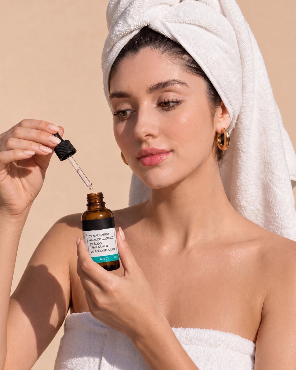 Mulher com toalha no cabelo aplicando um sérum com conta-gotas